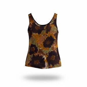 Vintage Buttoned Up Abstract Floral Rayon Tank Top L Brown Orange